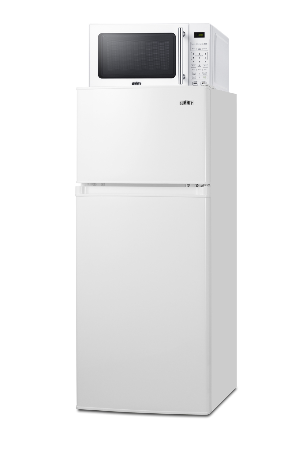 2-door mid-sized refrigerator-freezer and compact microwave in white with allocator and USB ports for 1-plug operation; ships in three boxes on one pallet